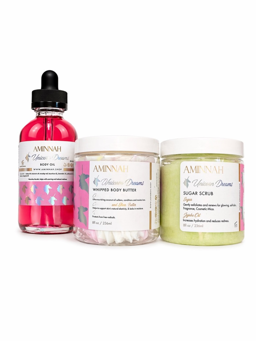 Aminnah Unicorn Dreams Whipped Body Butter, Sugar Scrub, Body oil